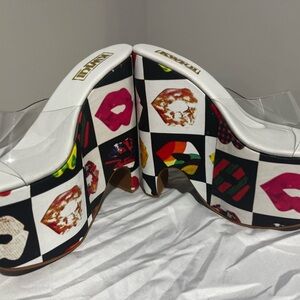 White Platform Wedge Mules with Multicolor Pop Art Print